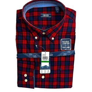 New Izod Shirt Large Men's‎ Long Sleeve Natural Stretch Easy Care Red Blue